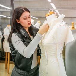 Estudiante trabajando con maniquí